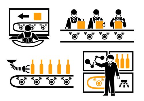Factory production process icons set. Technology machine, process industrial, manufacturing work, vector illustration
